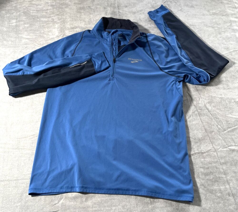 Brooks Running Performance Pullover Womens L Blue Stretch 1/4 Zip Pocket Reflect